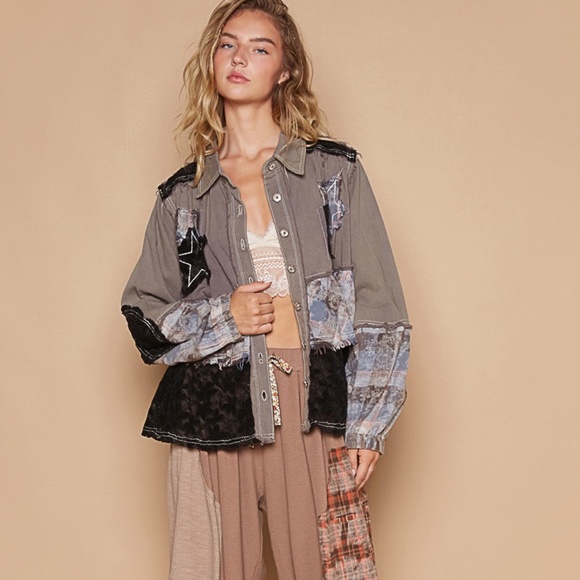 POL Jackets & Blazers - New POL Women's Shacket Lightweight Star Patchwork Jacket Button Down Shirt